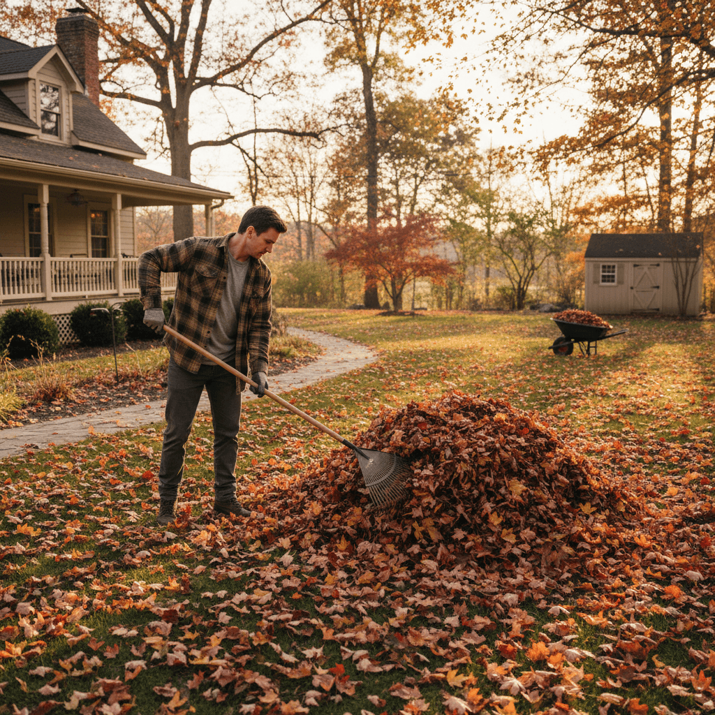 Gardener raking fallen leaves in an autumn yard