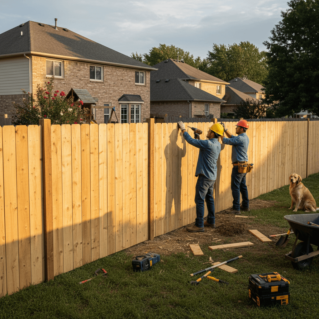 Wooden fence installation in a residential backyard