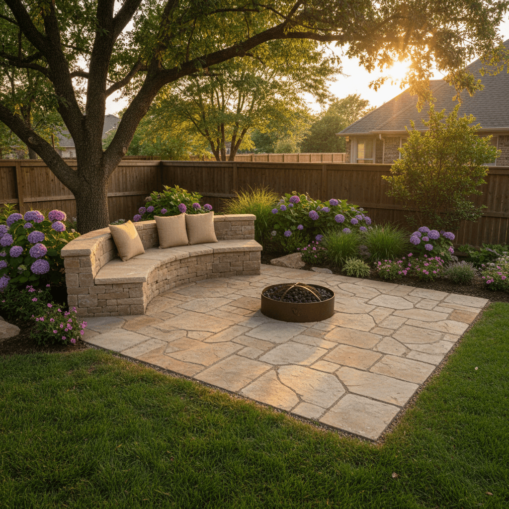 New paver patio with a low stone seating wall