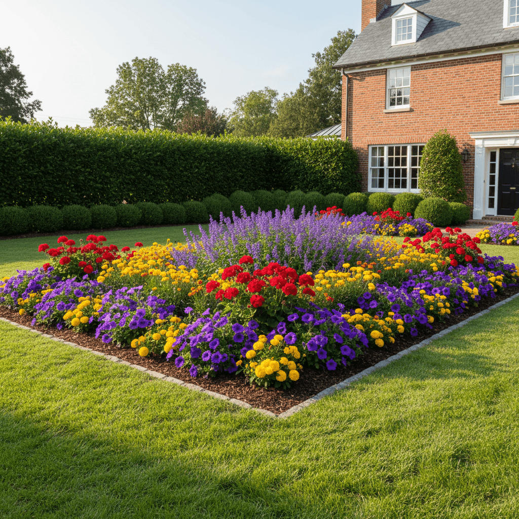 Trimmed lawn and tidy flower beds after maintenance