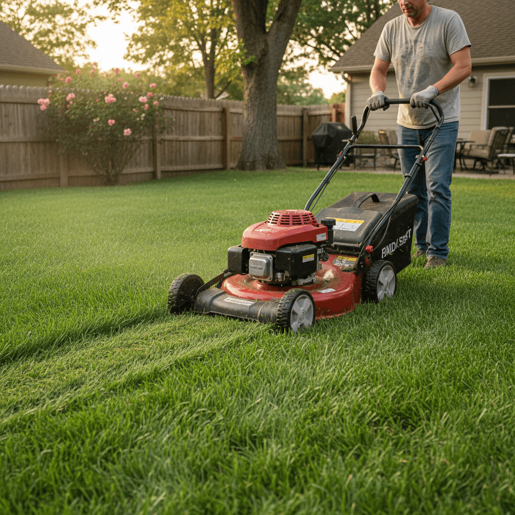 Lawn mower cutting a neat green lawn in a residential backyard