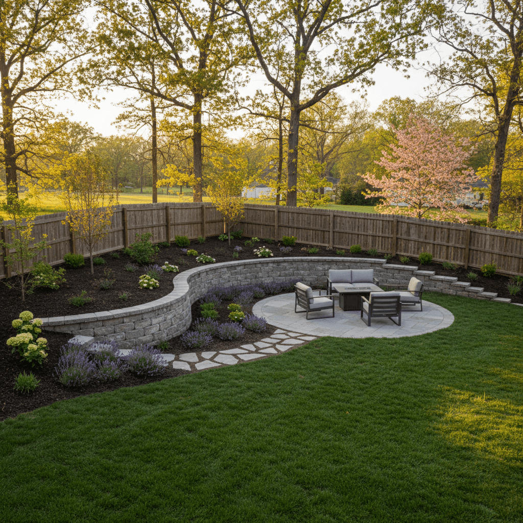 Backyard with new retaining wall and leveled garden
