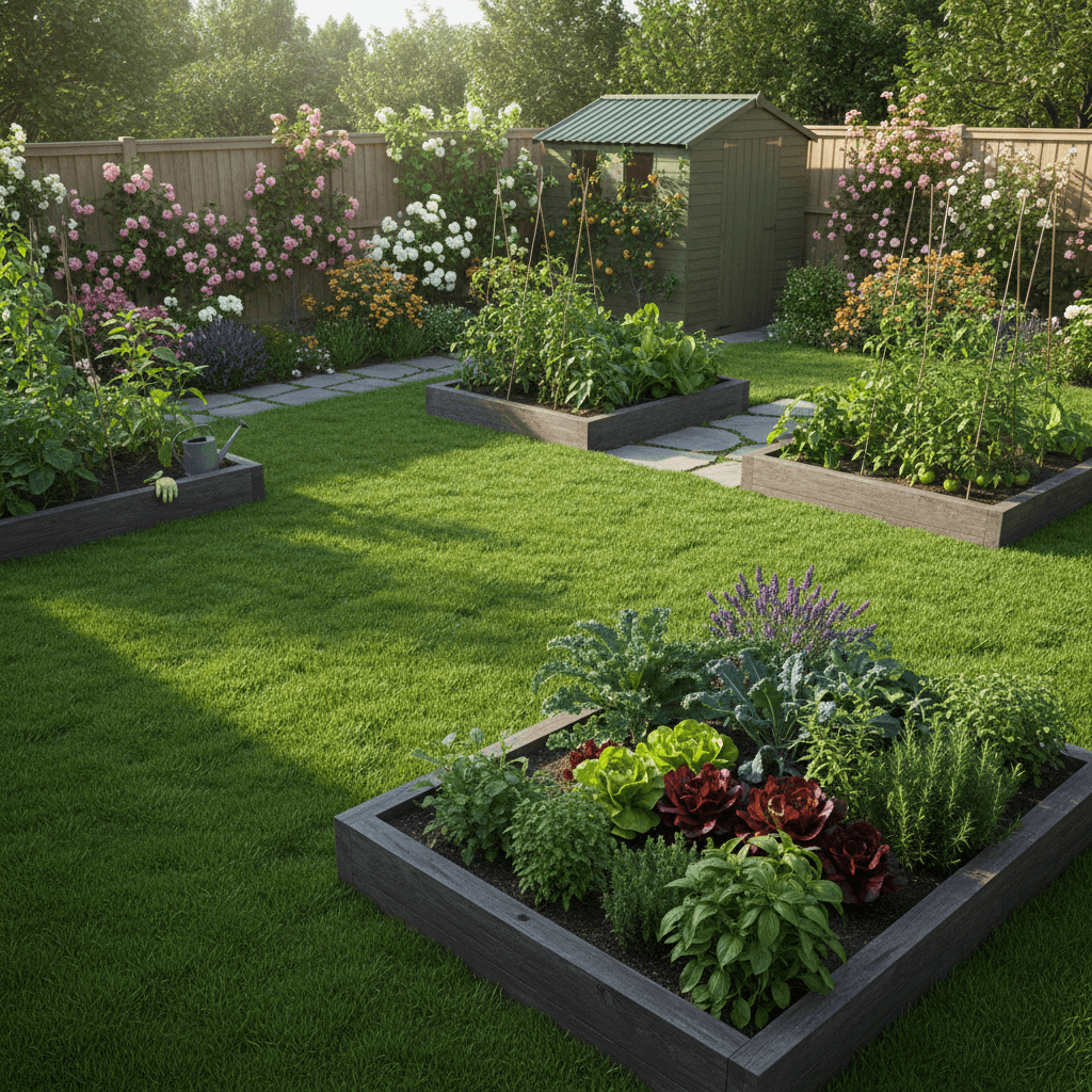 Healthy green lawn with neat garden beds in a backyard