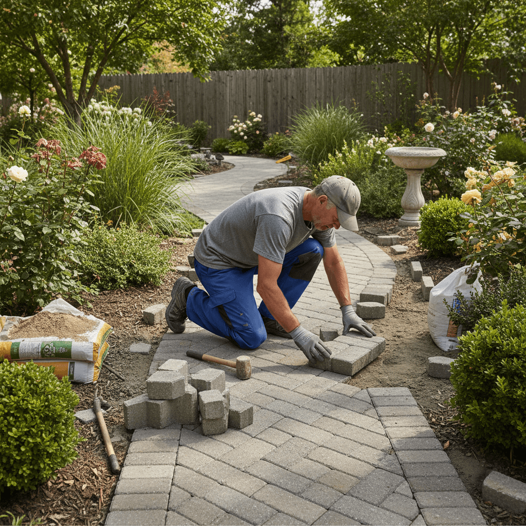 Landscaper installing a paver walkway