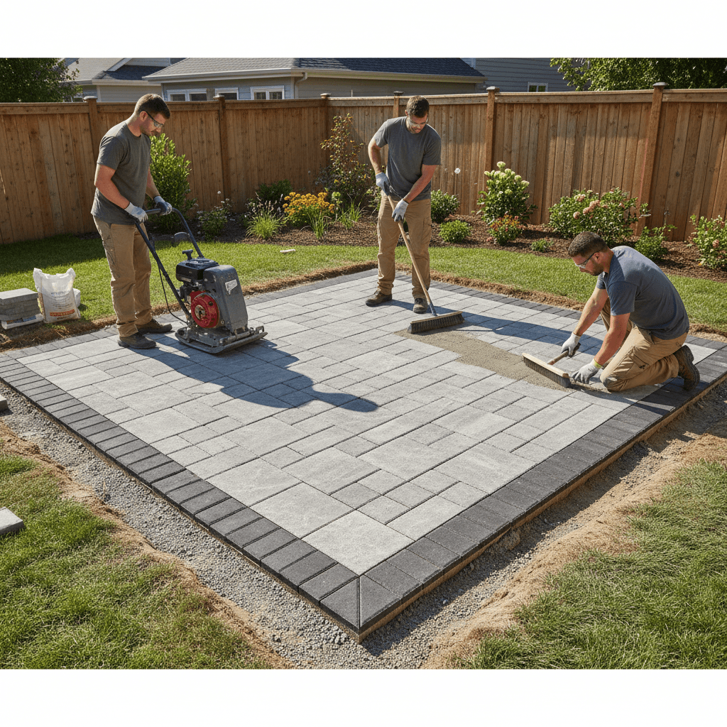 New paver patio installation in a residential backyard