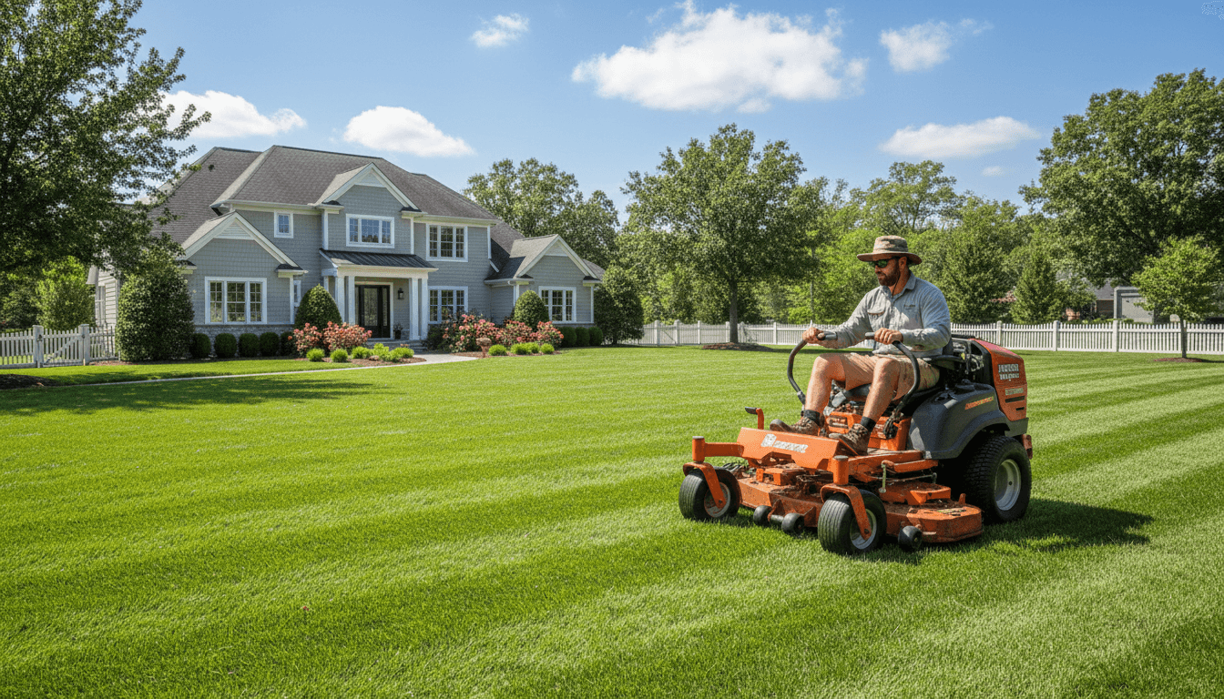 Professional landscaper mowing a lush green residential lawn in Everett on a sunny day