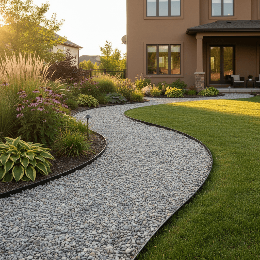 Gravel path with steel edging in a residential yard