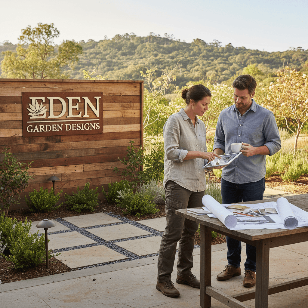 Landscape designer reviewing a garden plan with a homeowner