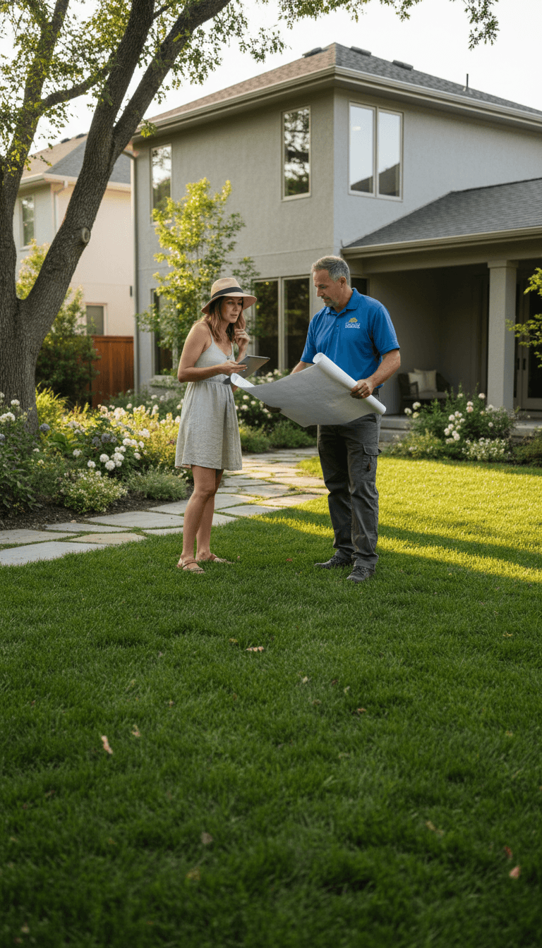 Landscaper talking with a homeowner in a well-kept residential yard in Everett