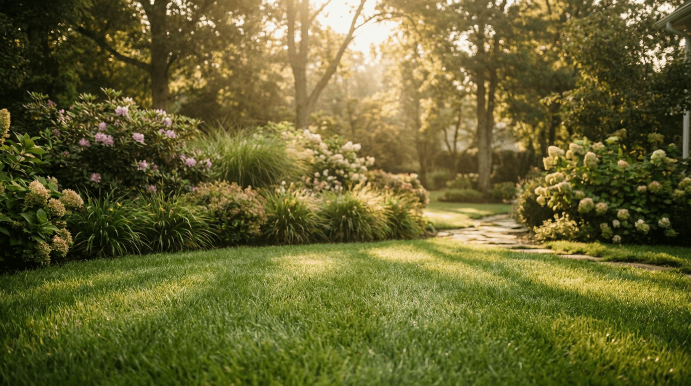 Lush green lawn with manicured edges in front of a well-kept yard