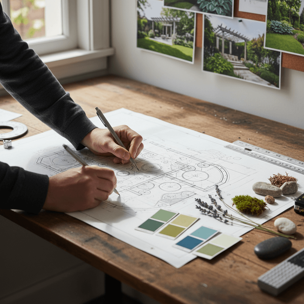 Landscape designer sketching a garden plan with plants on paper at a desk