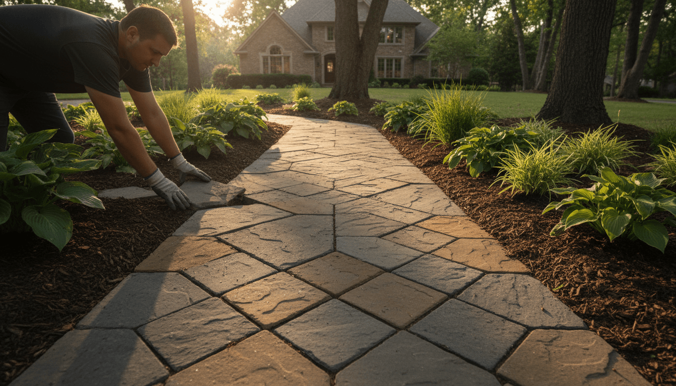 Landscaper installing a paver patio in a backyard with a well-kept lawn