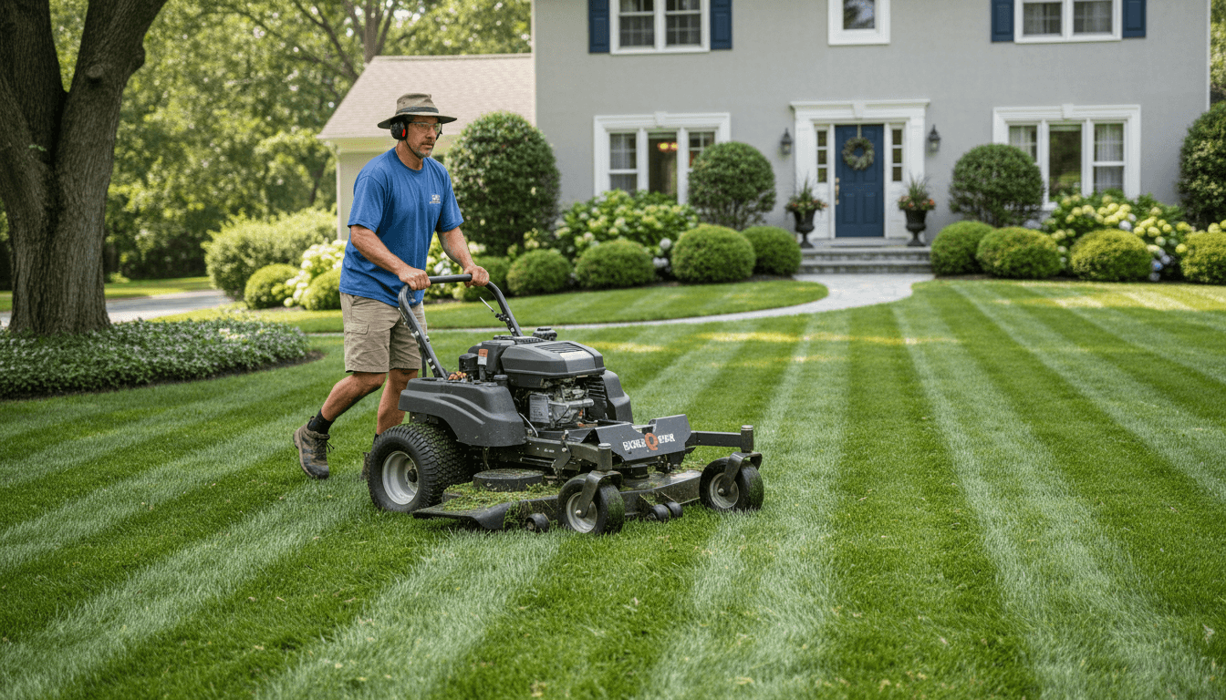 Professional landscaper mowing a striped green lawn in a suburban yard