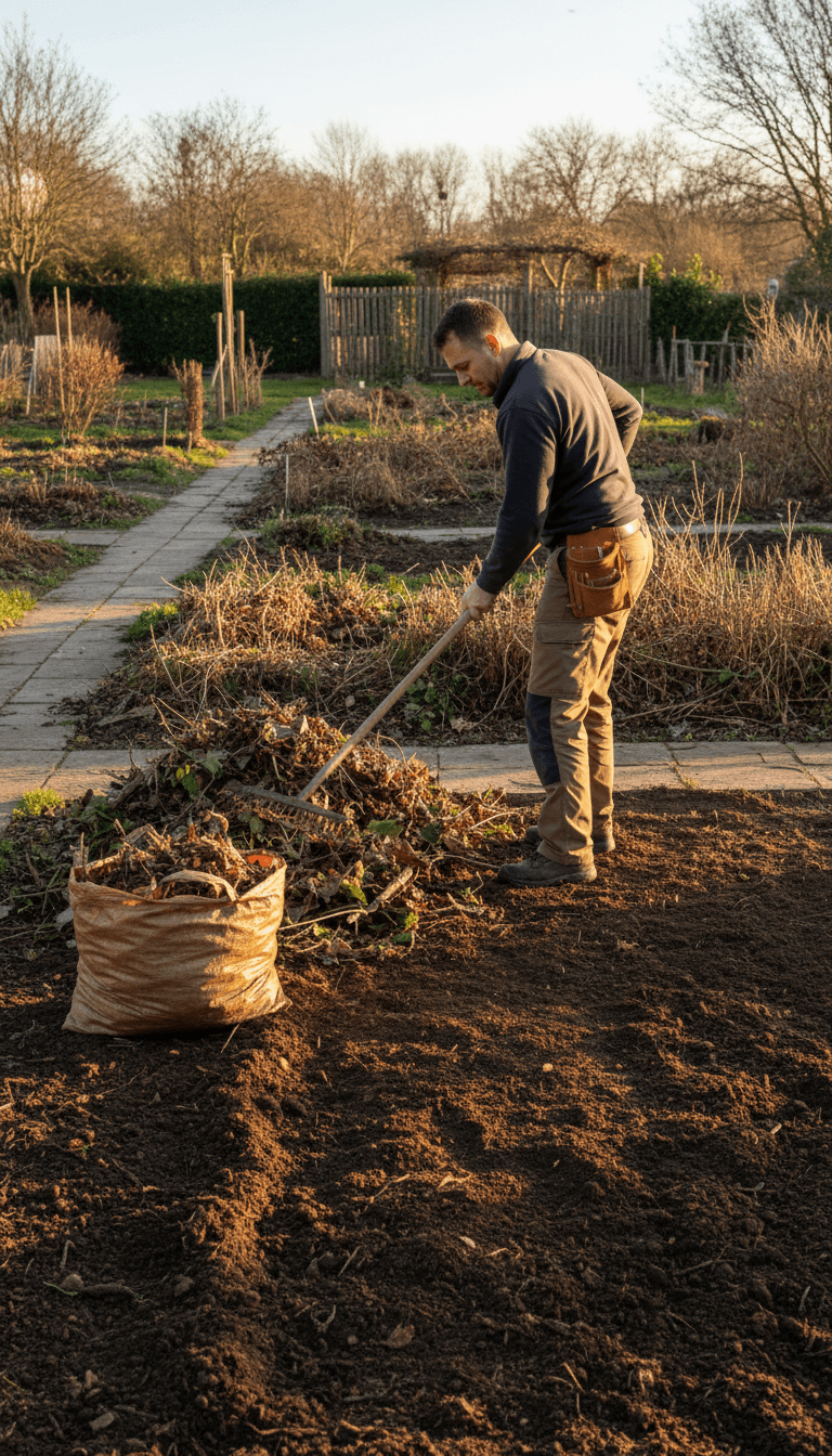Landscaper raking leaves and clearing debris from a backyard garden