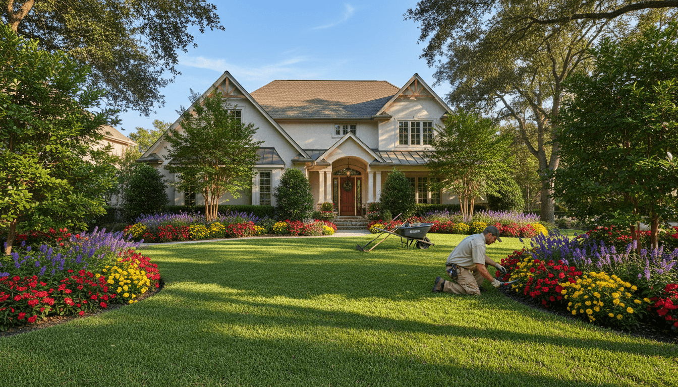 Lush green lawn in front of a well-kept Pacific Northwest home with landscaping and a stone pathway