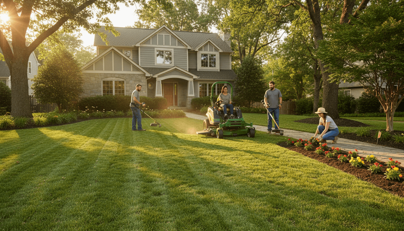 Landscaping crew working on a residential lawn in a sunny backyard