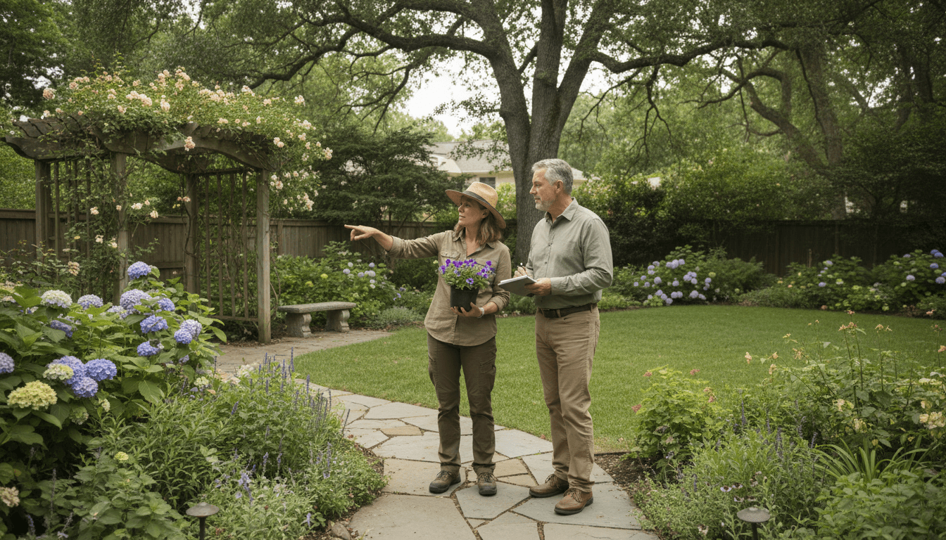 Landscaper consulting with a homeowner in a front yard with a clipboard