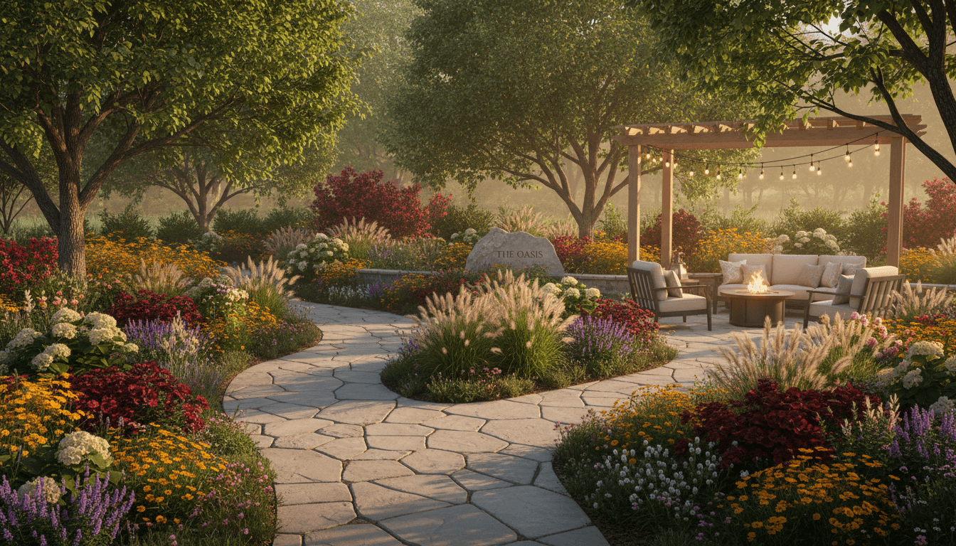 Landscaped garden with stone path