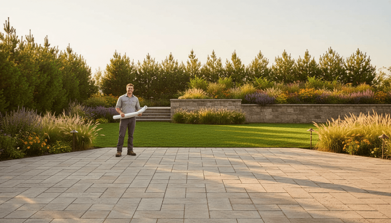 Landscaper showing a homeowner the project plan in their backyard