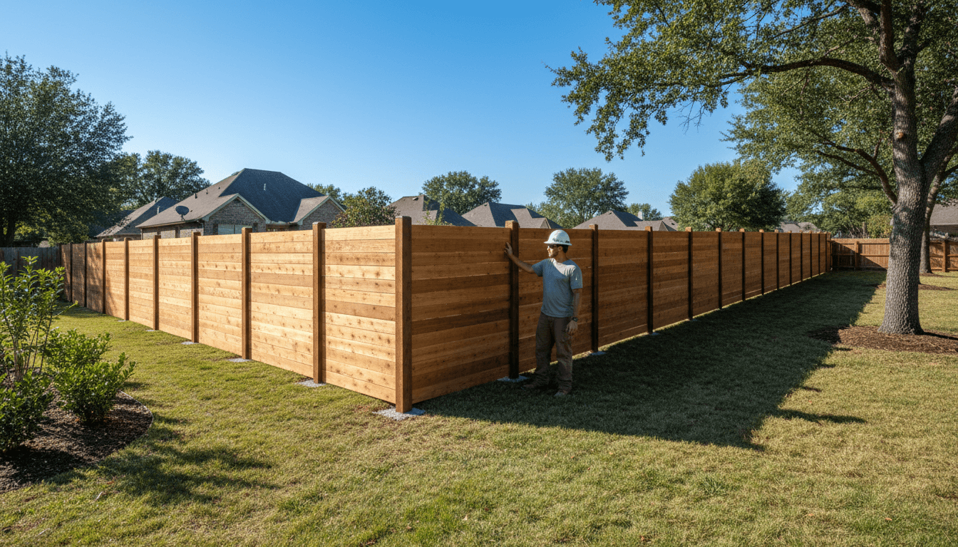 Worker installing a wooden privacy fence in a residential backyard